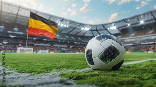 EM Europameisterschaft 2024 Sport Konzept Hintergrund - Fu  ball Fussbal mit Gesicht  Zylinder mit deutscher Flagge Fahne  Deutschlandflagge und Daumen nach oben  auf Spielfeld  Wiese  Rasen Stadion