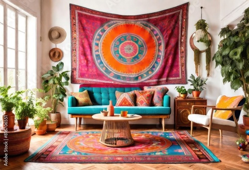 Bright and cheerful interior with a captivating tapestry, Colorful home décor with a bohemian touch, A vibrant living room adorned with a bohemian tapestry. © Sunny ART