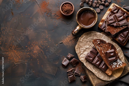 Top view of chocolate bar, cocoa, and bread with chocolate spread on rustic surface photo