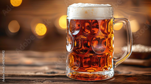 isolated golden-brown color transparent glass alcohol mug with handle, full of beer and foam on a wooden bar table top 