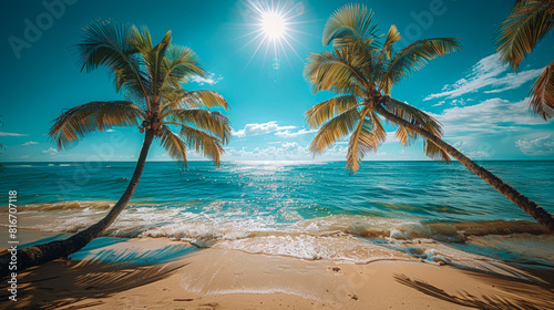 Idyllic paradise  tropical palm trees on the azure ocean under brilliant sunshine