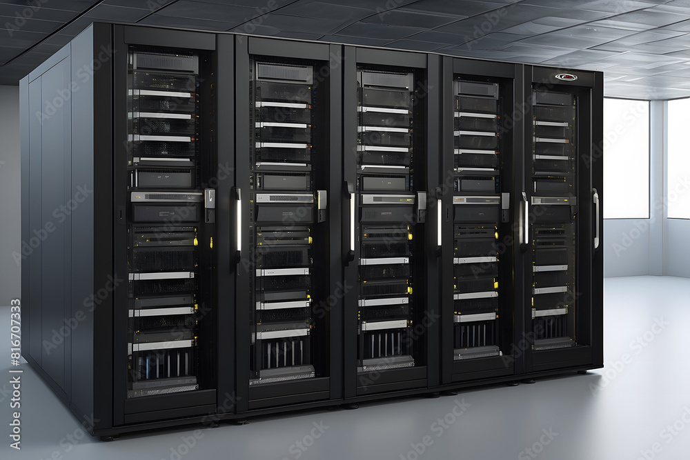 A compact server unit with powerful machines laid in stylish and functional racks design. A compact server unit with powerful machines laid in stylish and functional racks design.