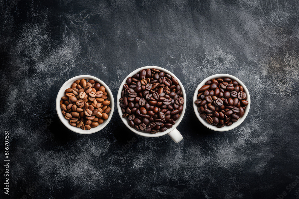 Top view of three different varieties of coffee beans on dark vintage background