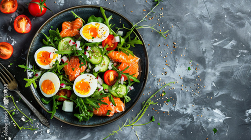 Plate of delicious salad with boiled eggs and salmon 