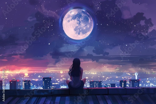 A woman sitting on a roof, admiring the moon. Perfect for night sky or contemplation concepts photo