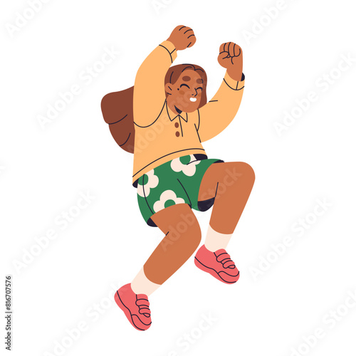Happy kid is hands up in the air. Cute little girl rejoices to summer holidays. Positive child jumps for joy, has fun, celebrates success, win. Flat isolated vector illustration on white background © Paper Trident