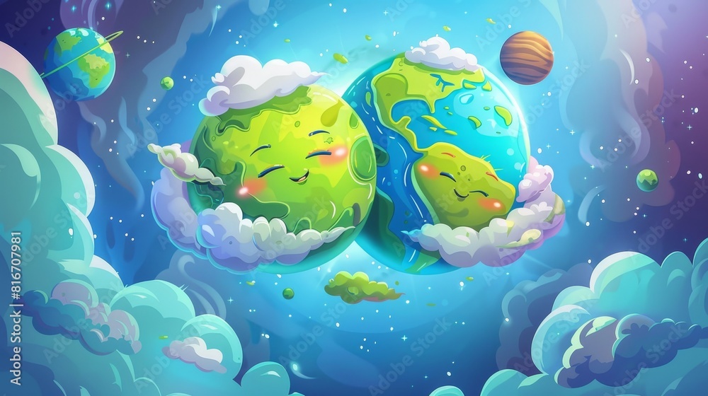 Cartoon illustration of the Earth and Moon hugging in outer space. The ...