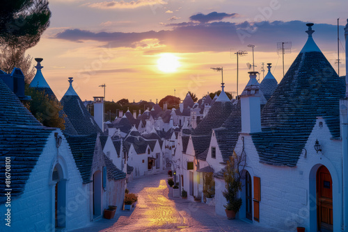 A picturesque street in Alberobello, Italy, lined with traditional trulli houses and potted plants under a soft sunset
