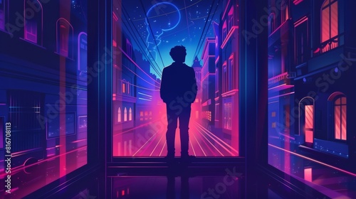Isolated man looks out of his window to see a vintage train riding along alongside the retro house  led facade glasses as he sits alone in his room  melancholy  cartoon character  modern