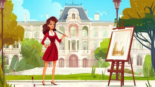 An artist paints on plein air in an old building's yard. Young woman holds brush stand near easel. Open-air classroom or art class, Cartoon modern illustration. photo