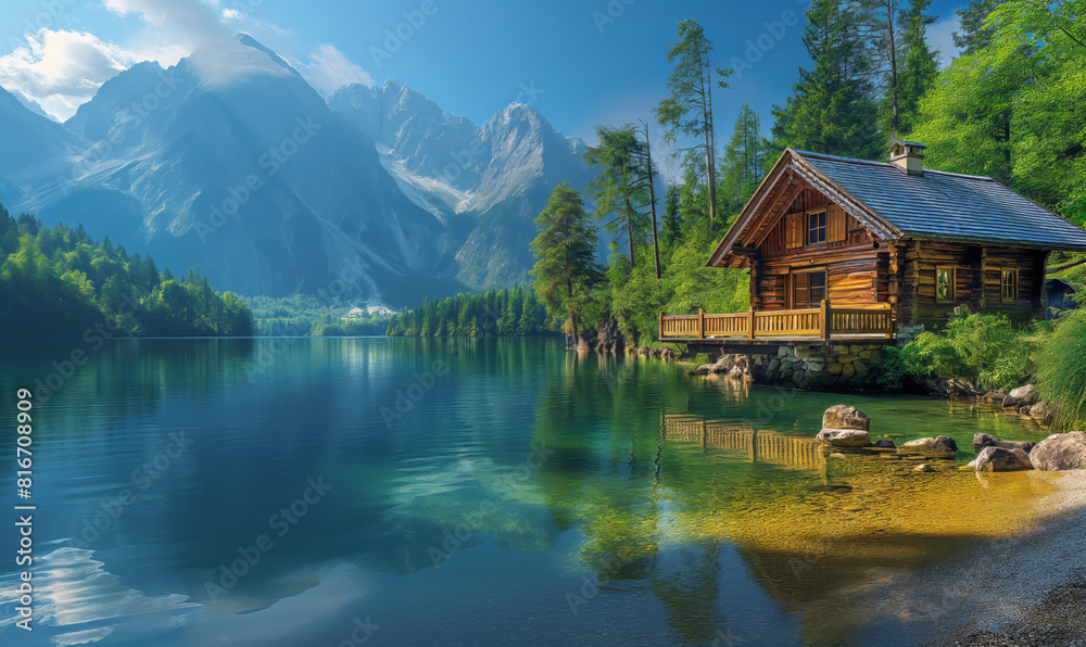 Fototapeta premium Lakeside Cabin With Mountain View
