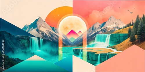 sunset in the mountains Collage, idea, background for the desktop, idea for the glider, for the album, for the notebook, postcards, art, vector, illustration of mountains, nature, plants,