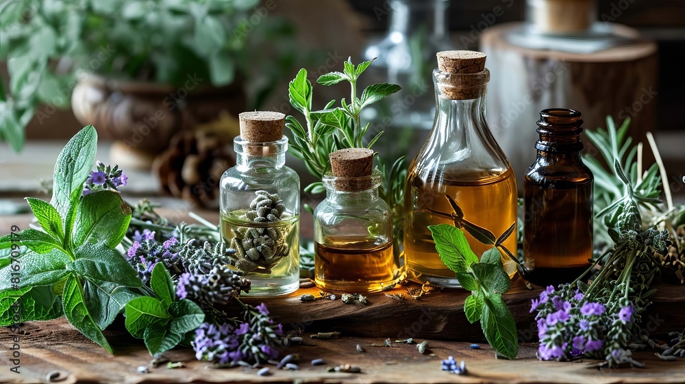 Assortment of essential oil bottles with fresh herbs. selective focus. Generative AI, Assortment of essential oil bottles with fresh herbs. selective focus. Generative AI,