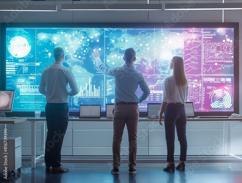 A team of professionals analyzing data on a large digital screen in a modern office. The image conveys concepts of technology, data analysis, teamwork, and innovation © cherezoff
