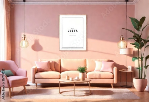 Vibrant pink walls complement stylish sofa  Cozy pink living room with soft couch  Inviting room with blush-colored walls and sofa.  