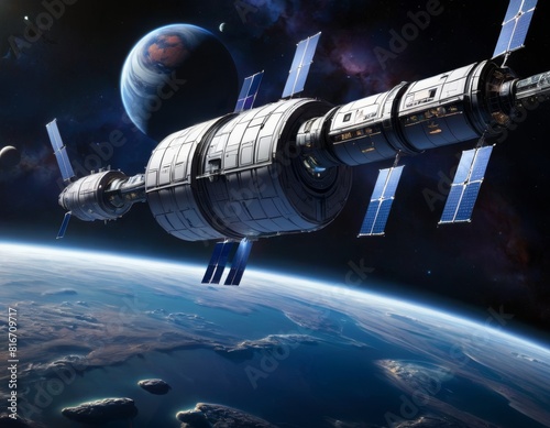 Wallpaper Mural A large space station orbits a blue planet with a view of other moons and asteroids, set against the backdrop of deep space.. AI Generation Torontodigital.ca