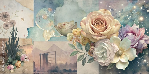 background with roses  Collage, idea, desktop background, idea for a flyer, for an album, for a notebook, postcards, art, vector, illustration rose, mountains, cat, luck
