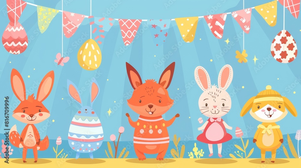 The Easter banner is decorated with cute puppets rabbit, fox, dog and flying painted eggs on a colorful background. Cartoon illustration for a holiday party or performance. The Easter banner is decorated with cute puppets rabbit, fox, dog and flying painted eggs on a colorful background. Cartoon illustration for a holiday party or performance.