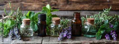 Assortment of essential oil bottles with fresh herbs. selective focus. Generative AI, photo