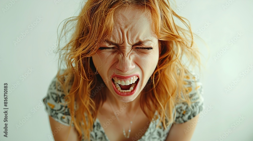 A woman is sitting on a bed and screaming loudly