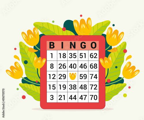 Illustration d'un carton de loterie décoré d'un bouquet de tulipes jaunes, organisation d'un jeu de bingo, style champêtre et coloré