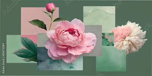 Collage, idea, desktop background, idea for a flyer, for an album, for a notebook, postcards, art, vector, illustration man, peony, forest, nature