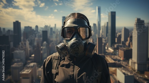 Man in Virus Suit and Gas Mask Standing in Modern City