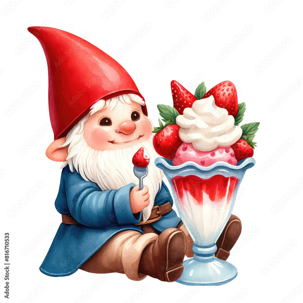 A garden gnome enjoying a strawberry sundae. watercolor illustration, Perfect for nursery art, Colorful Ice Cream Sundaes, Summertime. A garden gnome enjoying a strawberry sundae. watercolor illustration, Perfect for nursery art, Colorful Ice Cream Sundaes, Summertime.