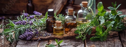 Assortment of essential oil bottles with fresh herbs. selective focus. Generative AI, photo