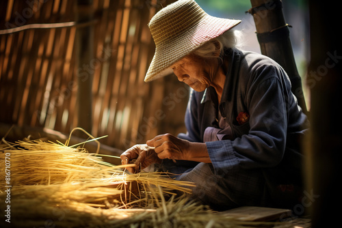 Title: Elderly Craftswoman Weaving Straw