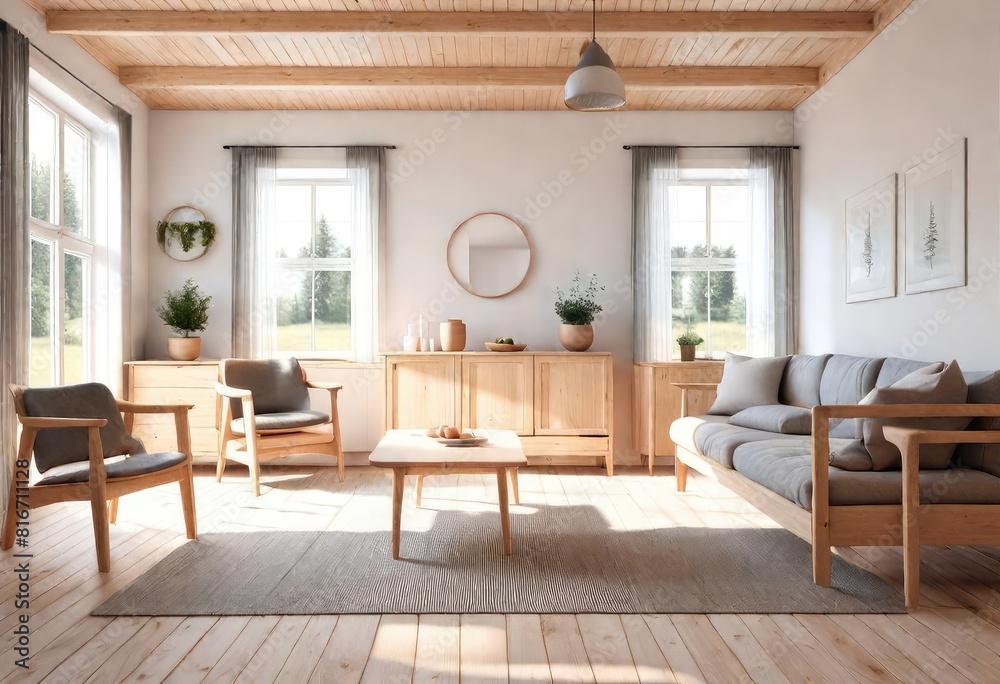 Rustic charm in a wooden-themed living room setting, Cozy interior with natural wood elements in the living room, Warm and inviting living room with wooden ceiling and furniture.