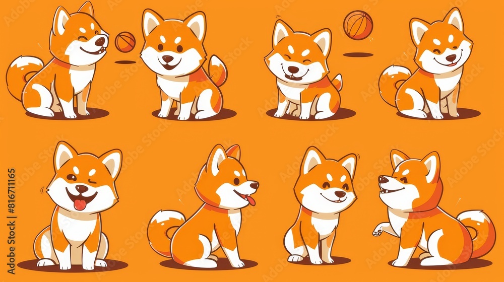 A happy shiba inu dog cartoon character in different poses. Dogecoin symbol, red-haired Japanese dog portrait, flat line art modern illustration. A happy shiba inu dog cartoon character in different poses. Dogecoin symbol, red-haired Japanese dog portrait, flat line art modern illustration.