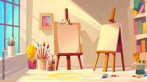 The cartoon banner for the art studio features a canvas on an easel  a plaster head  paintbrushes  frames  colored pencils on a wooden desk. Modern illustration for painter classes or workshops.