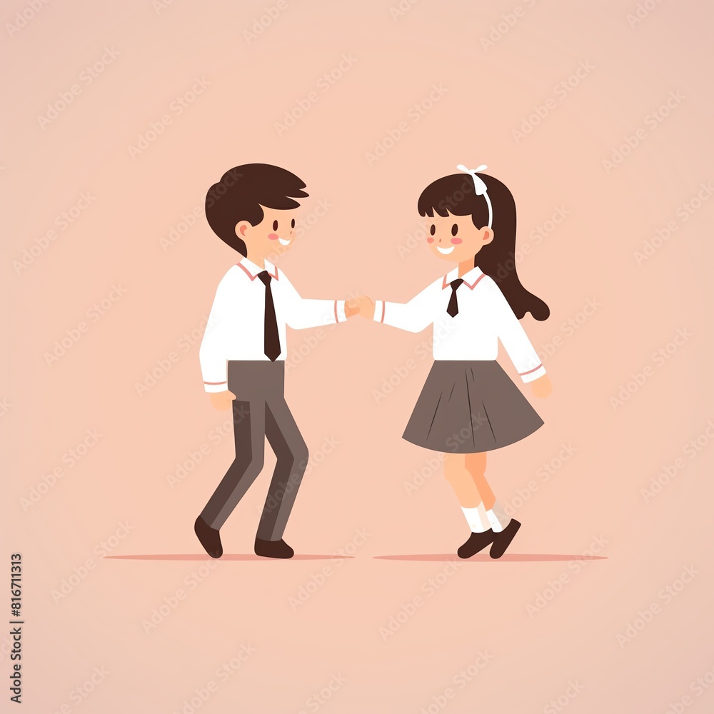 Two students in school uniforms held hands and danced together Two students in school uniforms held hands and danced together