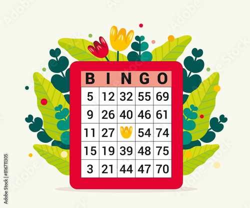 Illustration d'un carton de jeu de loterie sur fond de nature verte, numéros de bingo et fleurs champêtres, dessin vectoriel pour affiche d'associations locales et activités de loisirs