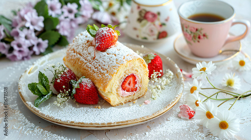 Plate with delicious sponge cake roll fresh strawberries