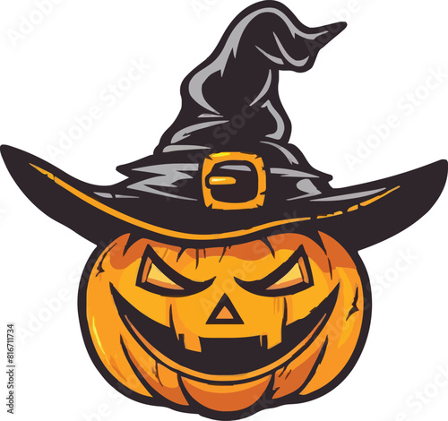 Halloween pumpkin in witch hat character colorful vector illustration in cartoon style isolated