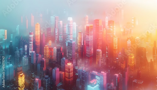 Futuristic cityscape in pastel tones capture of a sprawling 3D city illuminated in soft pastel colors