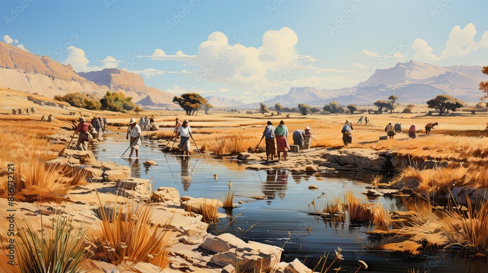 Ancient Egyptian Peasants Harvesting Crops Along the Nile River Stock ...