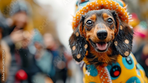 A dachshund dressed in a cute costume participating in a pet parade, happily trotting along with a crowd watching and smiling, Close up photo