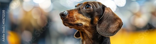 A dachshund at a dog show, standing attentively as it is judged, showcasing its long body and wellgroomed appearance, Close up photo