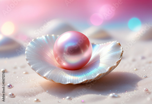 Pink pearl in shell on beach