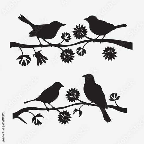 Birds on branches. Nature and animal, silhouette and flower and wildlife Vector illustration