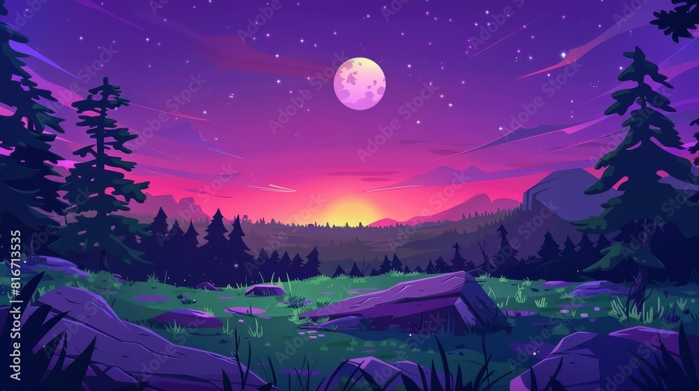The modern illustration shows a nature sunset landscape with green fields, conifers trees, and rocks under a purple sky. The background is a scene view, a game background, a summer meadow or pasture