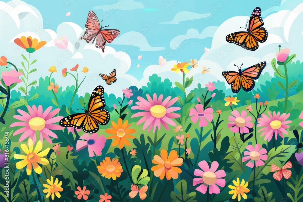 Fototapeta premium Colorful field of flowers with butterflies, suitable for nature and spring themes