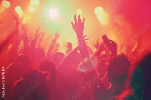 A lively concert crowd with hands in the air. Perfect for event promotions photo