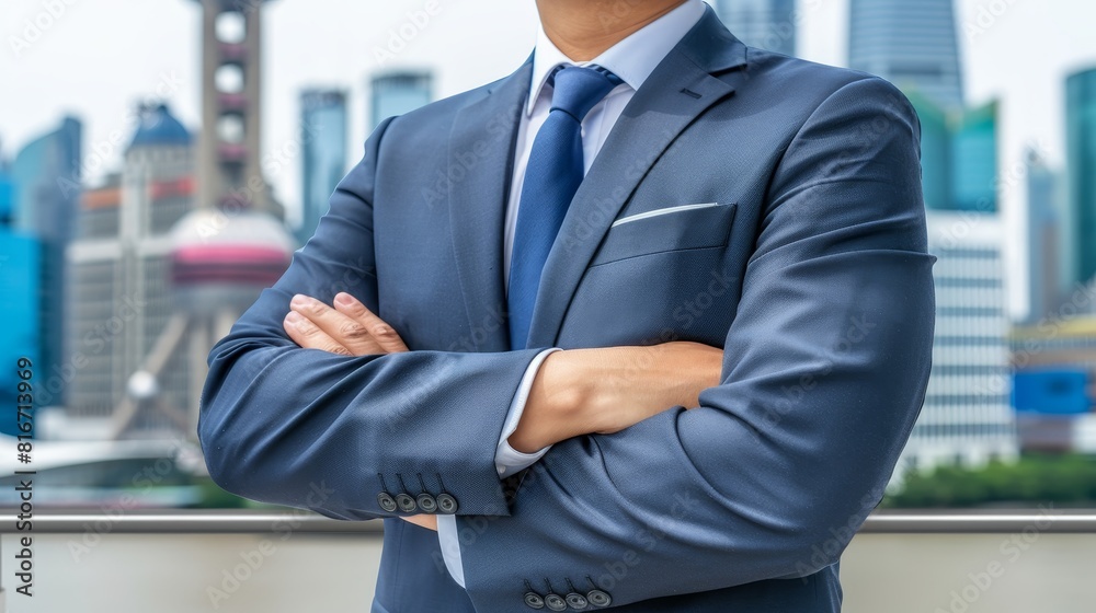 Businessperson with double exposure against modern city backdrop in urban setting Businessperson with double exposure against modern city backdrop in urban setting