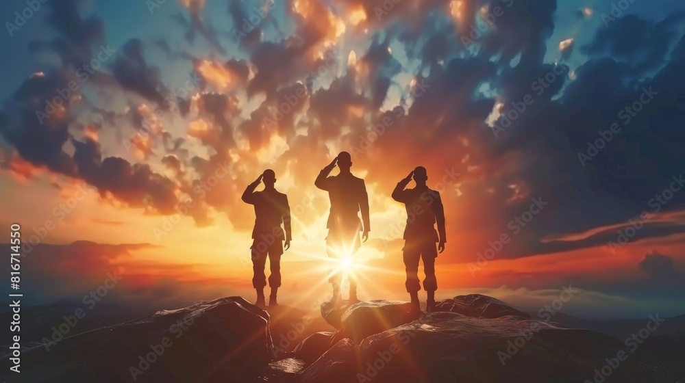Patriotic silhouette of soldiers saluting an American flag set against sunrise/sunset.