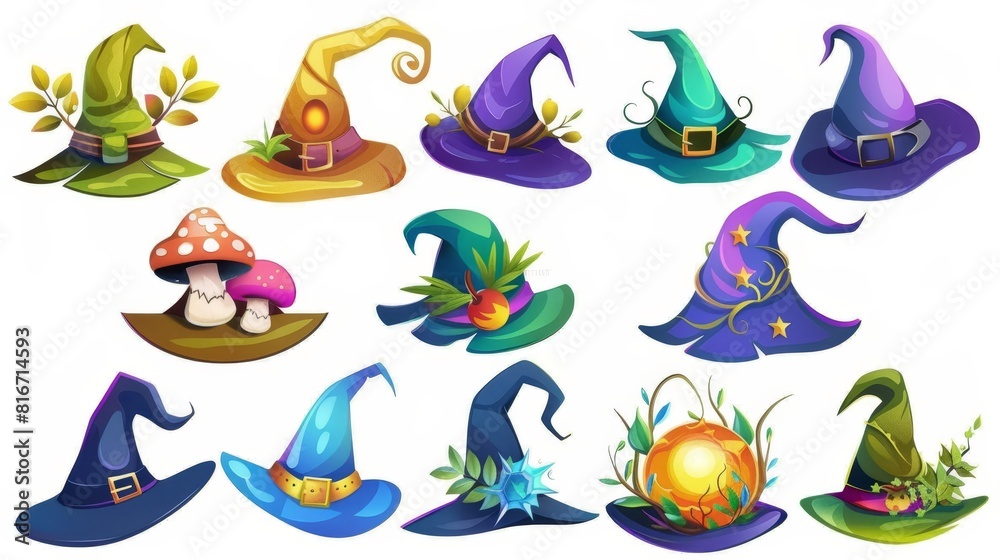 Halloween party costume for sorceress or astrologer isolated collection of witch hats cartoon moderns with mushrooms, plant branches, leaves, eyes or stars. Halloween party costume for sorceress or astrologer isolated collection of witch hats cartoon moderns with mushrooms, plant branches, leaves, eyes or stars.