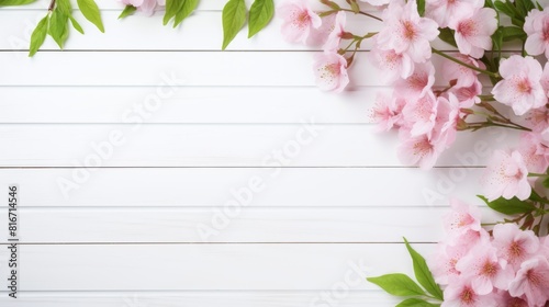 white wooden tabletop with cherry blossoms and green leaves as a frame and free space for text